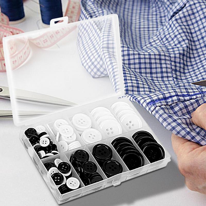 Round Resin Buttons 160X Assorted Buttons Mixed Sewing Buttons Black White 4-Hole Resin Buttons 5 Sizes With Compartment Box For
