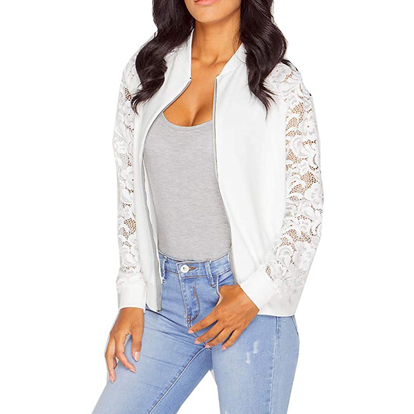 

Women s Long-sleeved Lace Stitching Color Zipper Small Coat Jacket Top S белый