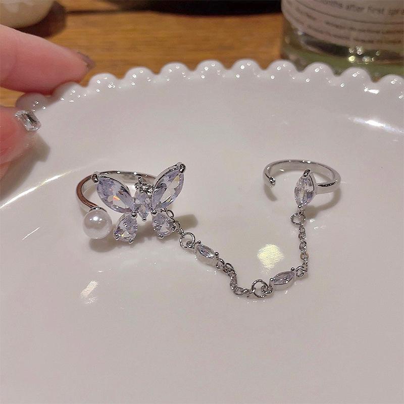 Double Finger Chain Rings For Women Ring Set Tassel Butterfly Zircon Crystal Rings Jewelry Fashion Hiphop Jewelry