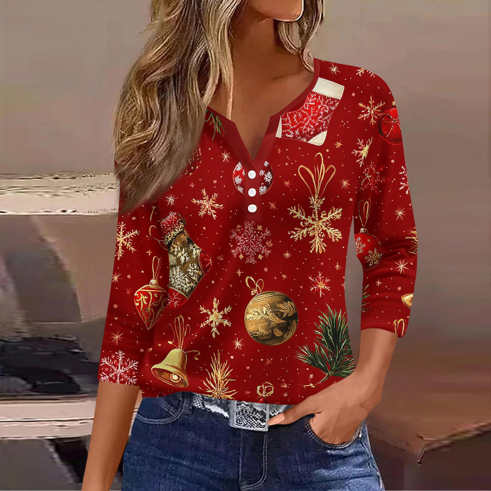 

Женская модная повседневная футболка с принтом рождественской елки, V-образным вырезом, декоративными пуговицами и рукавом три четверти S киноварь
