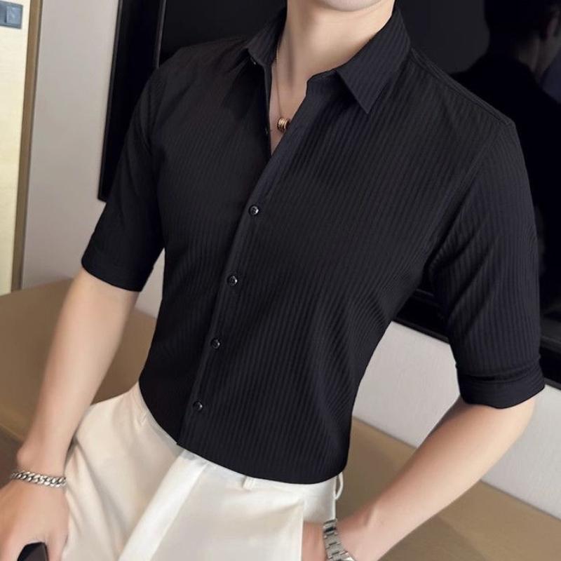 Men's Shirt Three-quarter Sleeve Korean Thin Business Hairstylist Casual Formal Wear Striped Short-sleeved Slim Half-sleeved