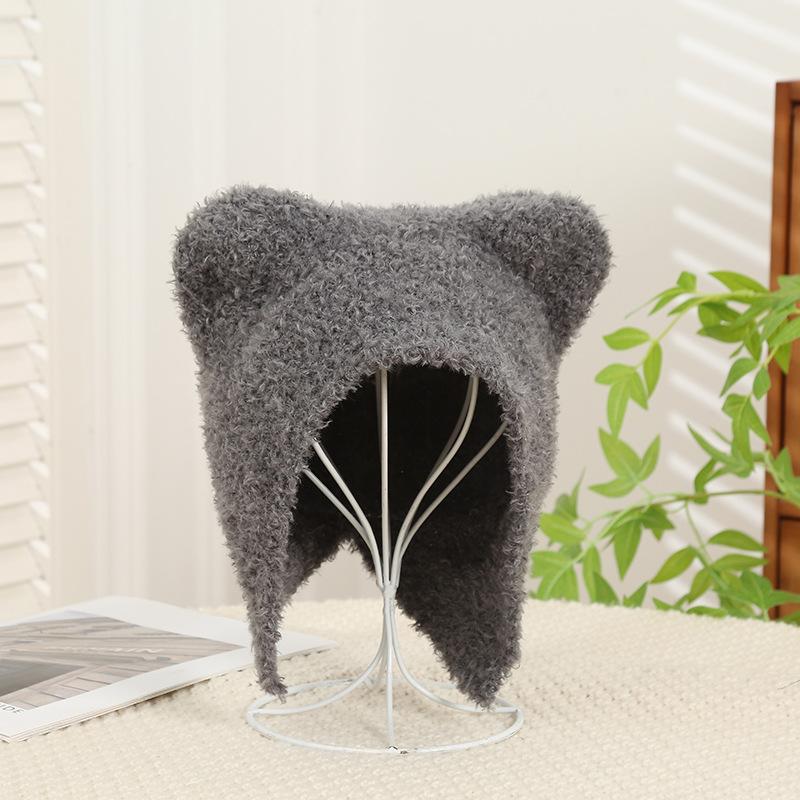 Winter Women Cute Warm Beanie with Bear Era Earmuffs Outdoor Travel Cycling Knitt Thick Fluffy Warm Pullover Cap for Autumn