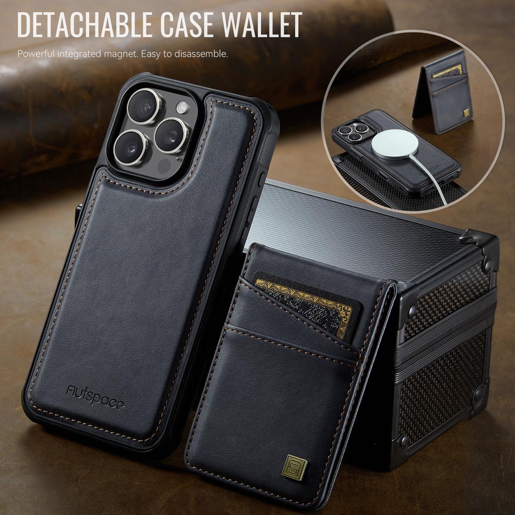 For iPhone 16 Pro Case AUTSPACE A12 Leather Back Cover with Magnetic Detachable Card Bag Kickstand