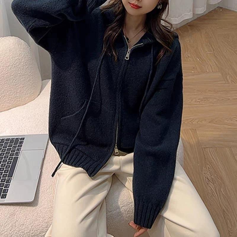

Soft waxy hooded zipper sweater cardigan jacket women s autumn and winter thickened loose lazy style autumn and winter casual knitted top average size чёрный
