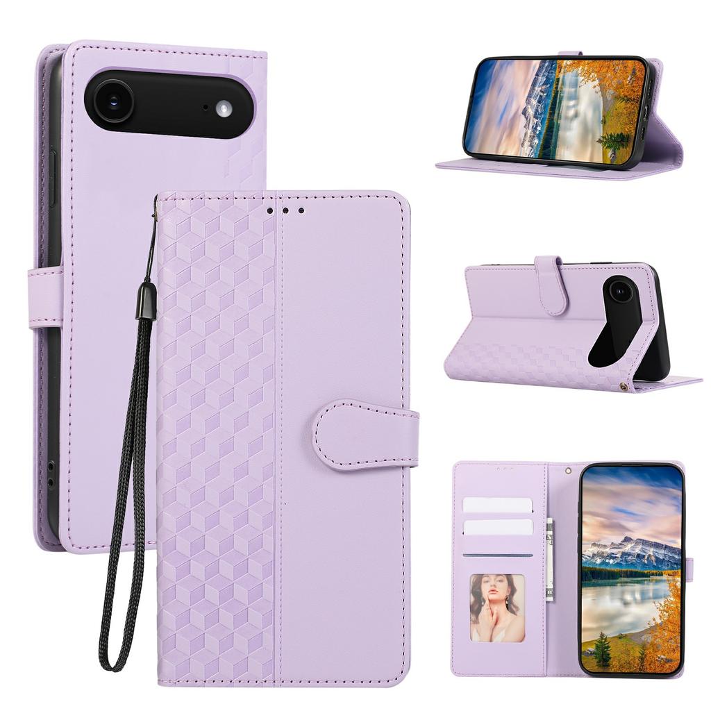 For iPhone 17 Air Case 3D Rhombus Grid Imprinted Wallet Leather Phone Cover with Lanyard
