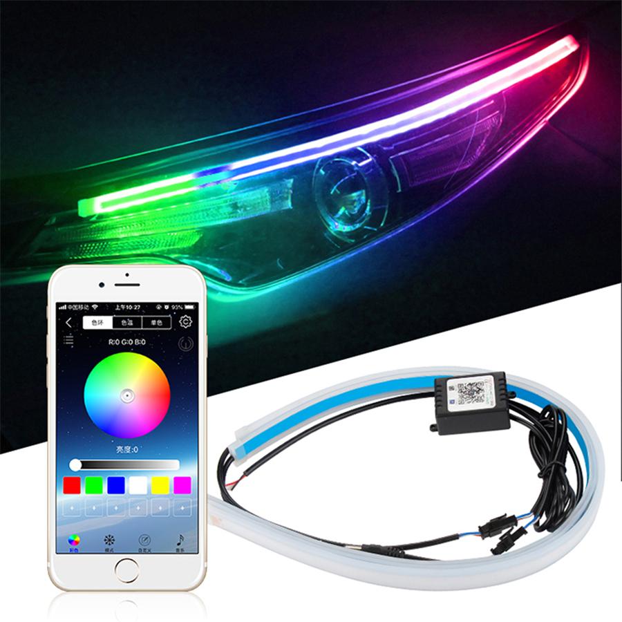 2X RGB APP 45CM Slim Flexible LED DRL Daytime Running Strip Light For Headlight