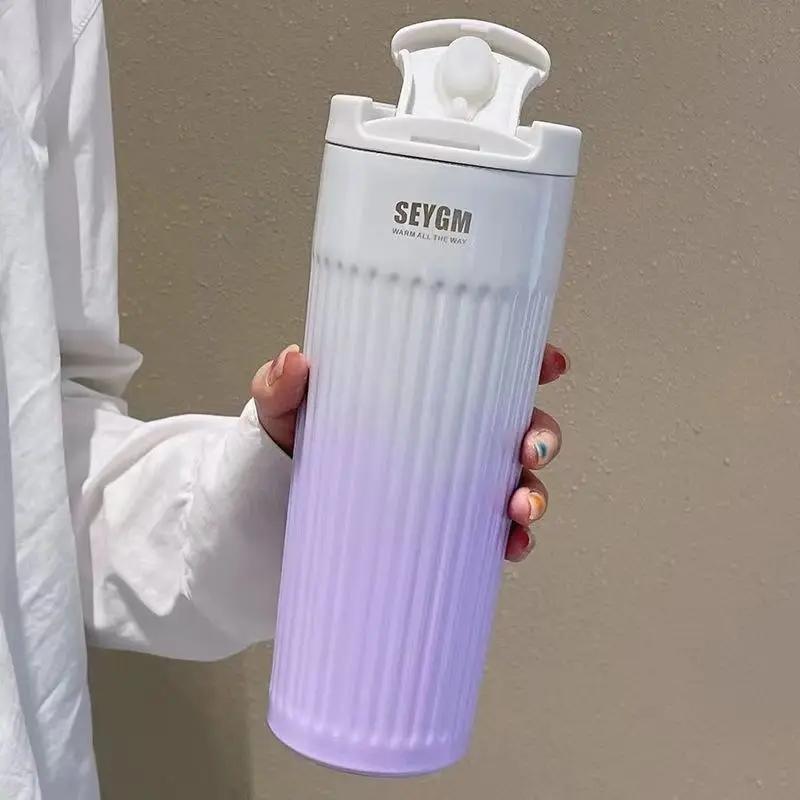 

500 мл полосатая кофейная кружка термос для девочек 304 нержавеющая сталь двухслойная кофейная кружка портативная термобутылка для воды 500ml фиолетовый