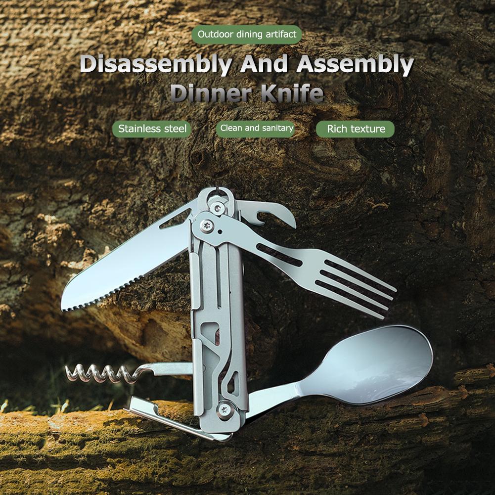 6 in 1 Multifunctional Camping Cutlery Foldable Portable Folding Cutlery EDC Tool Smooth for Picnic Hiking for Travelling BBQ