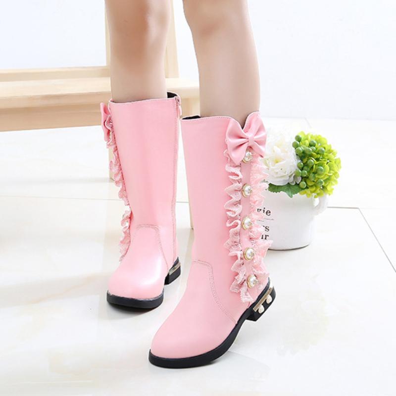 Girls' Boots Autumn/Winter Korean Edition Children's High Top Boots with Velvet for Big Boys and Princess Long Top Boots for Little Girls