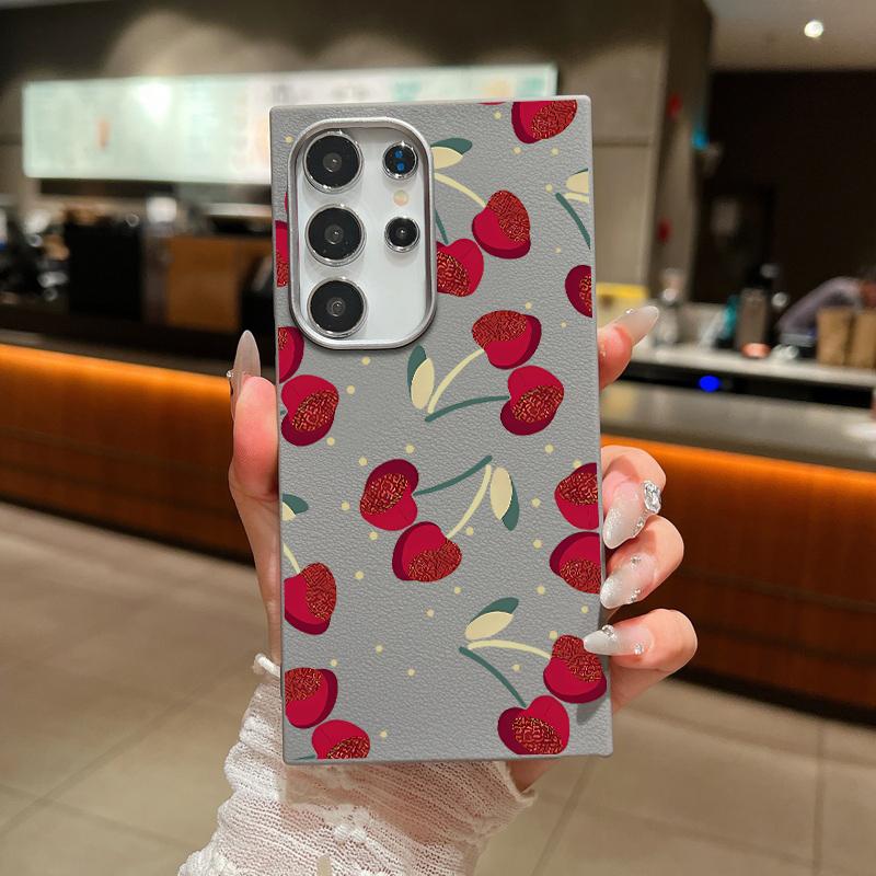 Cherry Pattern Soft Tpu Case for Samsung S25 S24 Fe S23 Ultra S22 S21 A16 A15 A55 A56 A35 A36 A25 Shockproof Slim Leather Texture Case Cover