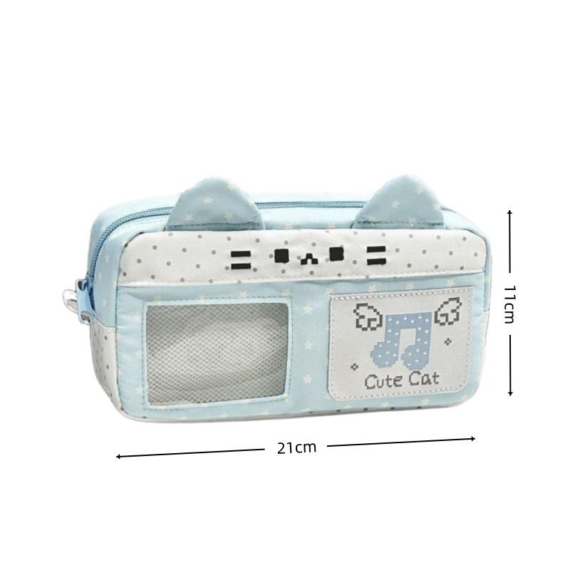 Pencil Case Adorable Cat Ear Design Large Capacity Pixel Music Themed Portable Stationery Organizer for Kids Daily Use