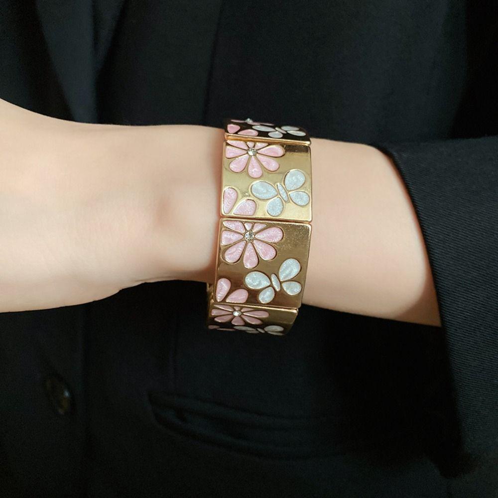 Metal Drip Oil Flower Bracelet Silver Elastic Bangles Geometric Square Bangle Decoration