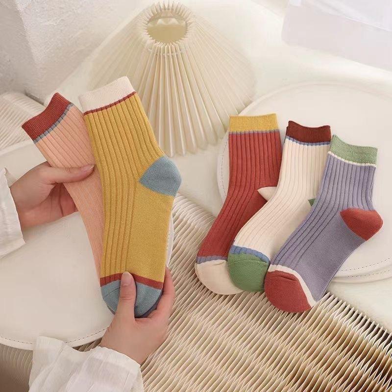 5 Pairs Korean Harajuku Style Retro Striped Socks Cotton Mid-tube Women's Socks
