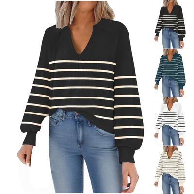 Γυναικείο Μοντέρνο Casual Βαθύ V-Neck Χαλαρό Μακρυμάνικο Ριγέ Πλεκτό Τοπ