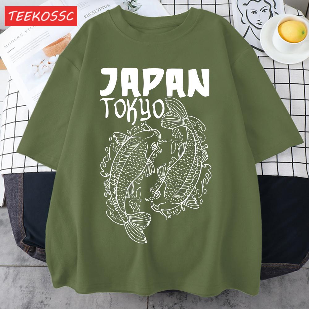 Japan Tokyo Harajuku Koi Print T Shirts Men Summer Cotton TShirt Hip Hop Loose Streetwear Unisex AllMatch Casual Clothing