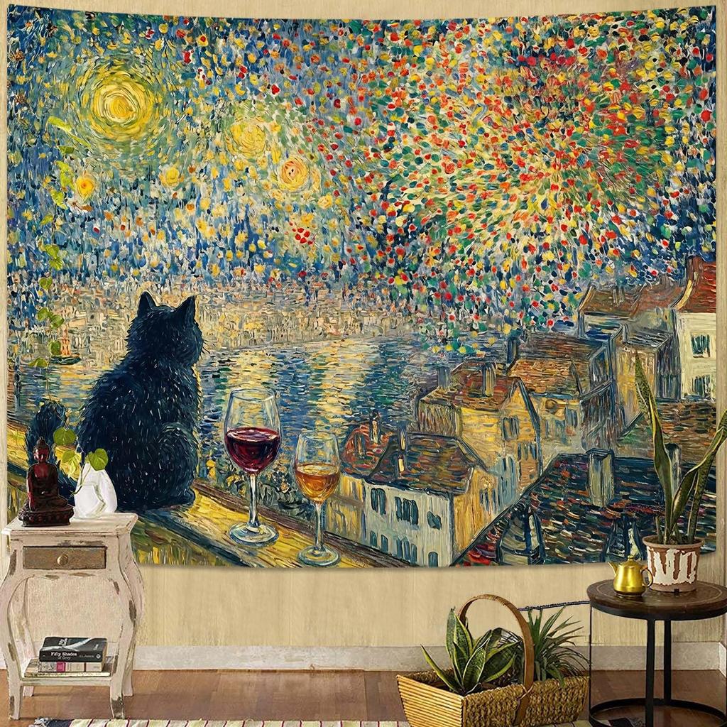Black Cat Flower Garden Tapestries Watercolor Floral Art Tapestries Butterflies Nature Wall Tapestry Bedroom Dormitory Living