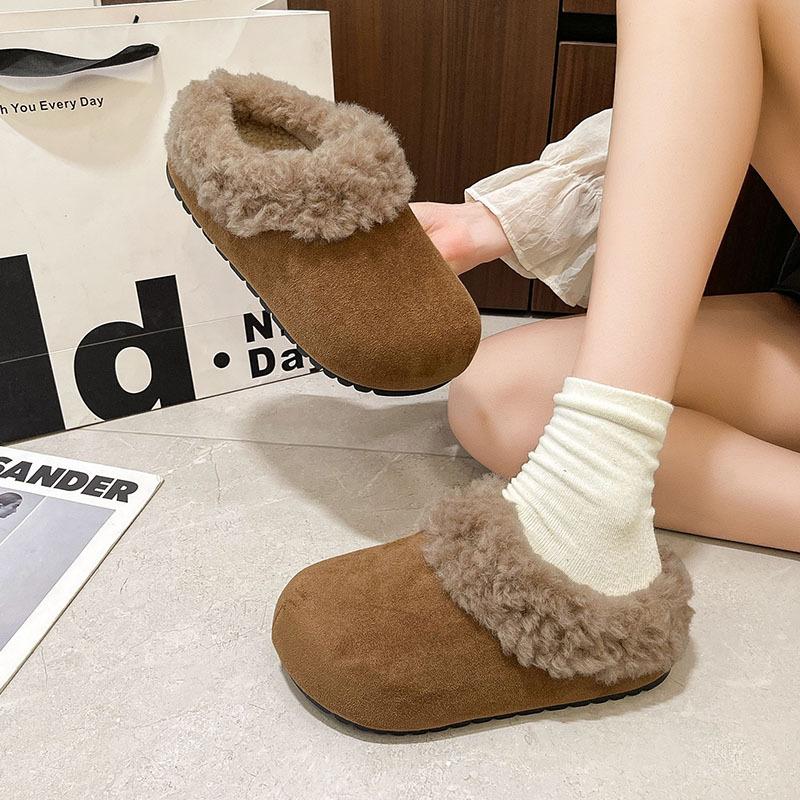 Women's Retro Lightweight and Comfortable Non-slip Heightening Winter Warm Plush Lining Non-slip Durable Casual Cotton One-step Half Slippers