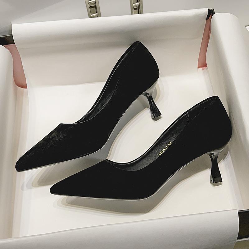 

Fashion Comemore Black High Heels Women Pointy Head Professional Thin Heeled Single Shoes Female Sexy Suede Stiletto Party Dress Pumps 33