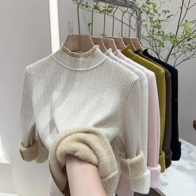 Pulovere din catifea din pluș de toamnă și iarnă pentru femei, cu jumătate de guler înalt, din dantelă, din tricot, pulover, ocazional, solid, calduros, 29787