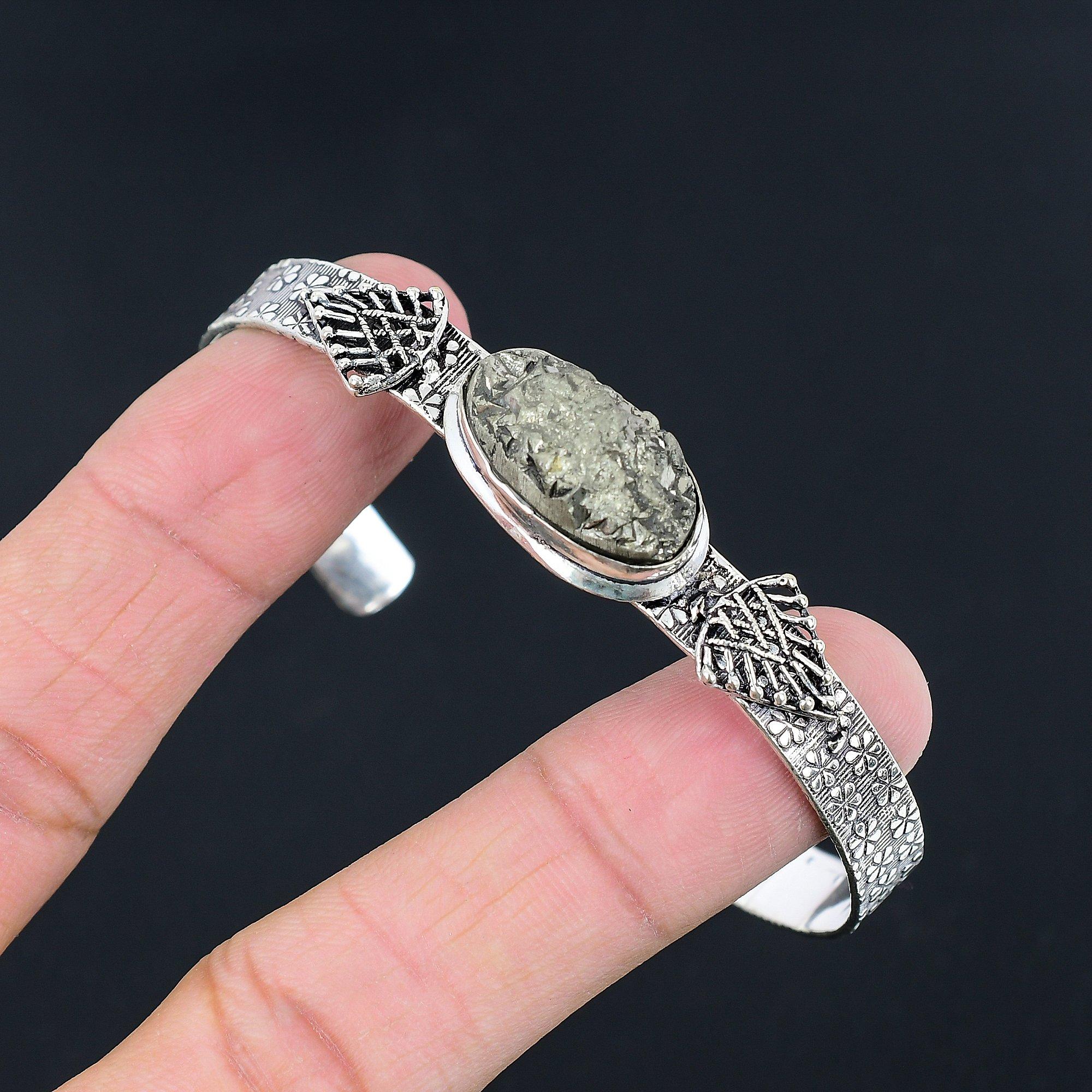 

Sterling Silver Oval Pyrite Druzy Gemstone Ethnic Anniversary Bangle Bracelet Adjustable