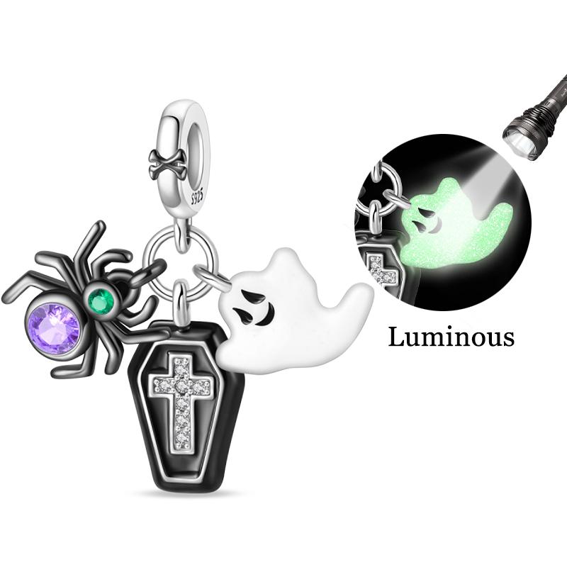 New Halloween Charms Beads 925 Silver Red Rose Black Butterfly Spider Luminous Skull Pendant For Bracelet DIY Jewelry Gifts