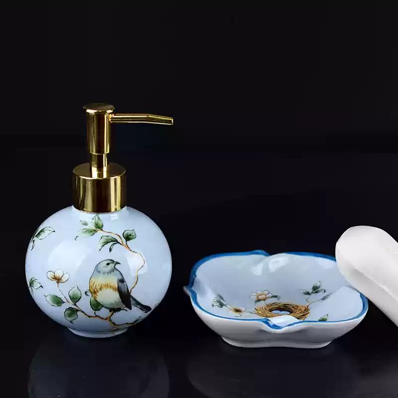 Ceramic Wash Two-piece Set Bathroom Wash Set Ceramic Hand Sanitizer Bottle Press Type Shampoo Bottle Soap Dish Toilet Soap Rack