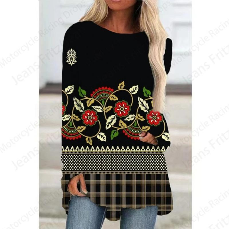 European Pattern 3d Print Women Fashion T-shirt Long Sleeve Tunic Top Casual Long Tops Floral Lady Clothes Y2K