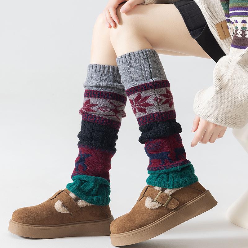 British Retro Wool Knit Scrunched Snowflake Reindeer Christmas Leg Warmers