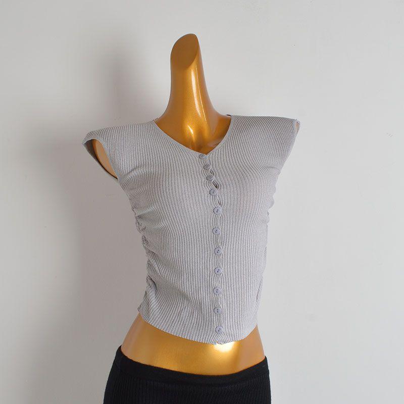 Summer Pure Color New Arrival V-neck Ruffled Sleeve Ice Silk Knitting Bottoming Cardigan Women's Clothing Fitted Waist Pleated T-shirt Tops Fashion