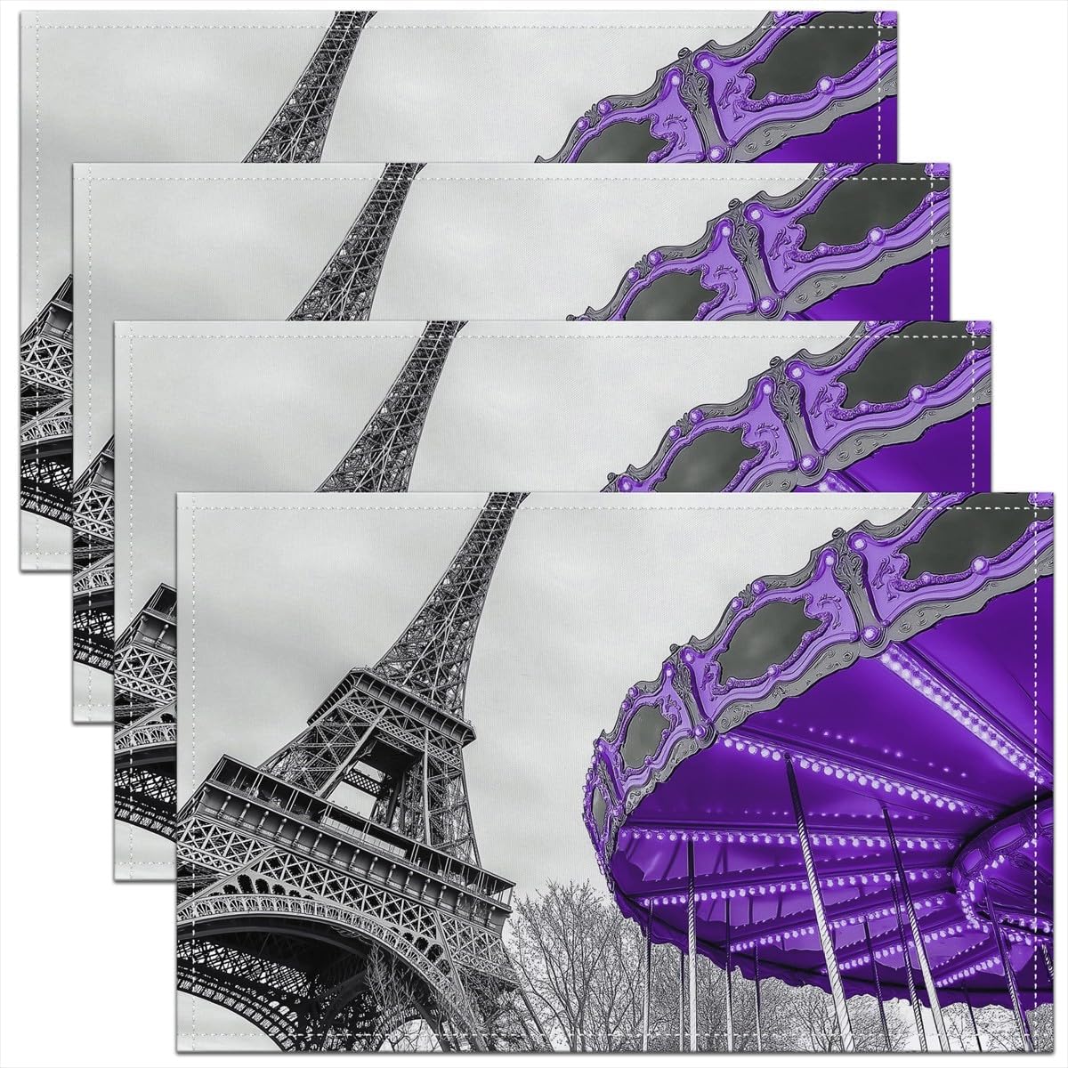 

Eiffel Tower Placemats Set of 4 18 x12 Kids Purple Paris Table Place Mats for Boys Girls Teens Black and White Placemat 4pcs-12x18