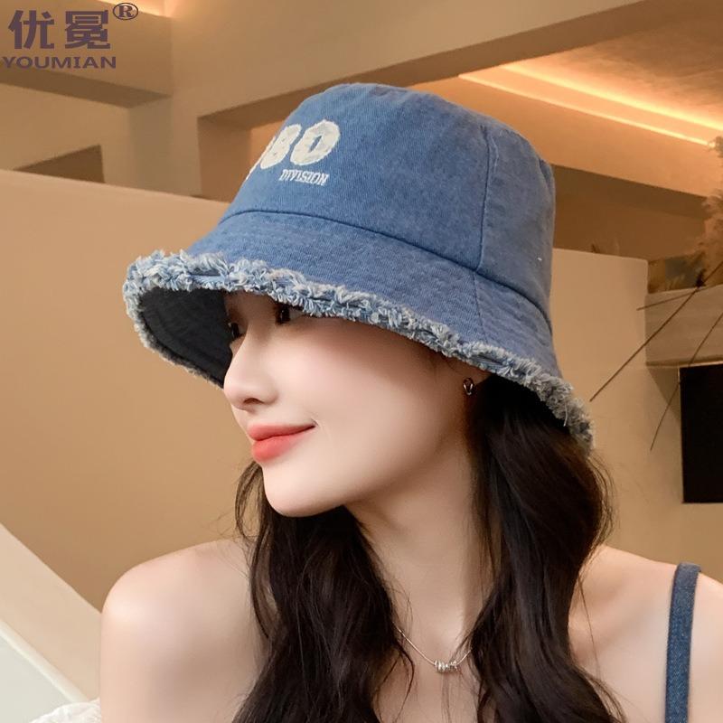 Hat women's new bucket hat denim sun hat face cover versatile letter fashion sunscreen hat