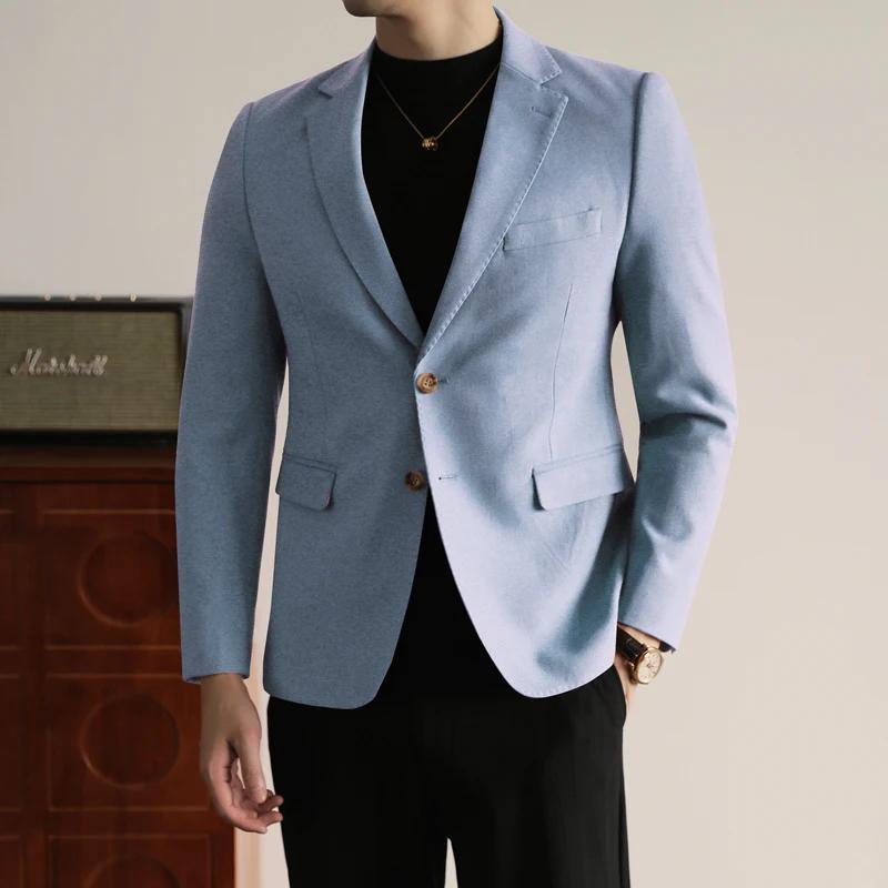 

High Quality Men Casual Suit Jackets Trendy Fashion Single-Breasted Jacket Spring Autumn Men Pure Color Blazers Man Korean Outerwear M світло-синій колір