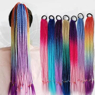 Synthetischer, schmutziger, geflochtener Pferdeschwanz mit Farbverlauf, 65 cm, elastisches Gummiband, zum Flechten von Pferdeschwanz-Haarverlängerungen für Frauen und Mädchen