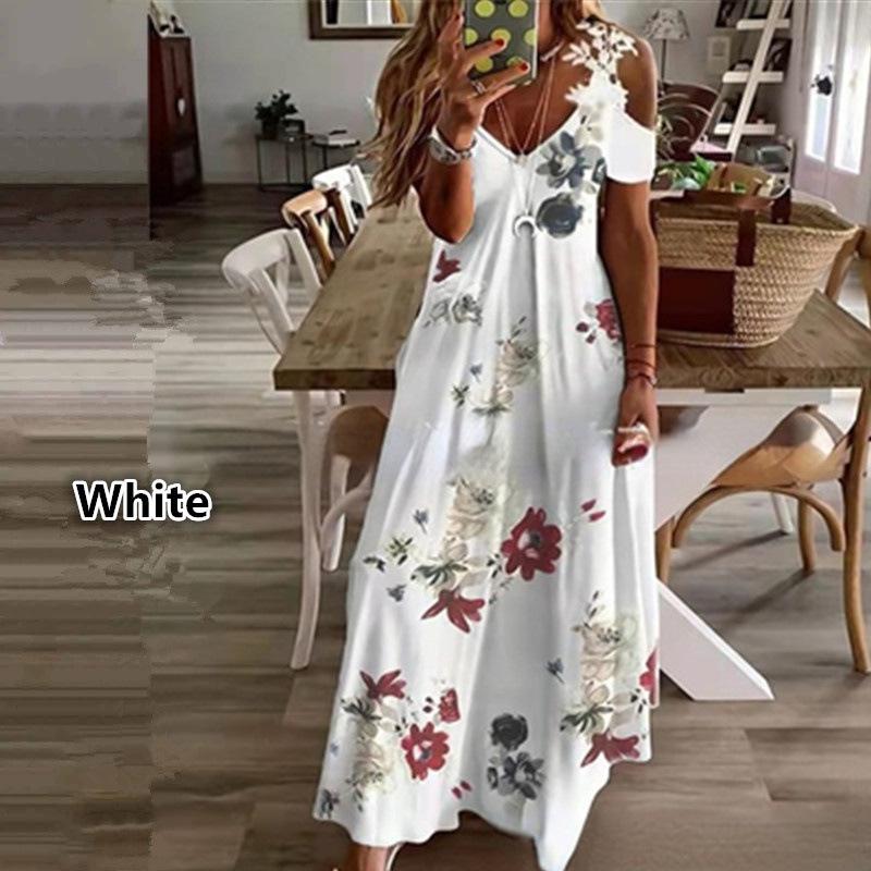 Women's Fashion Summer Print V-Neck Off Shoulder Short Sleeve Splicing Lace Dress