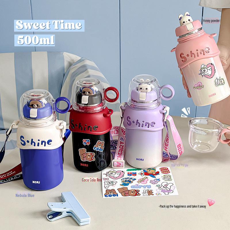 Compact Cartoon Kids' Stainless Steel Straw Thermos - Dual-Drink Design for Tea or Water