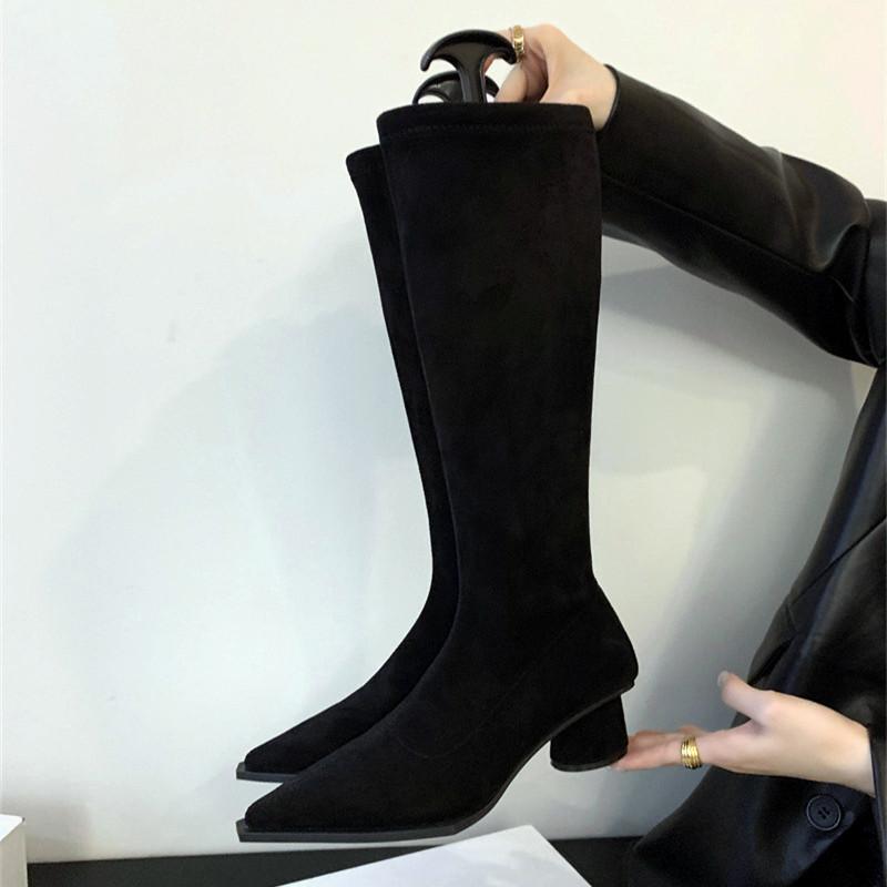 Fashion Pointed Toe Chunky Low Heel Boots Women Winter 2024 Sexy Cozy Soft Leather Knee-high Zipper Design High Boots for Women