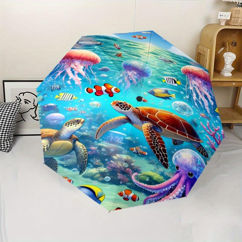 

Vibrant Underwater Life Folding Umbrella - Automatic Open, 8-Rib Sturdy Iron Frame, Portable Travel Umbrella with Colorful Oce (as the picture,Iron&8K)