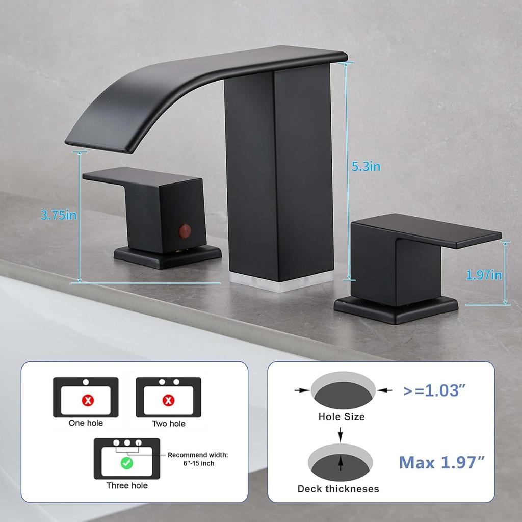 LED Waterfall Bathroom 3 Holes Basin Faucet, 2 Handles Cold Hot Water Mixers Sink Tap RGB Color Change Powered by Water Flow