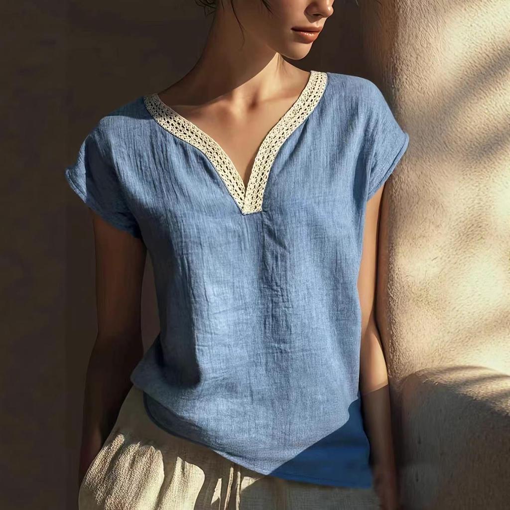 2026 Elegant Bohemian Summer Retro Lace V-neck Cotton-Linen Shirt for Women