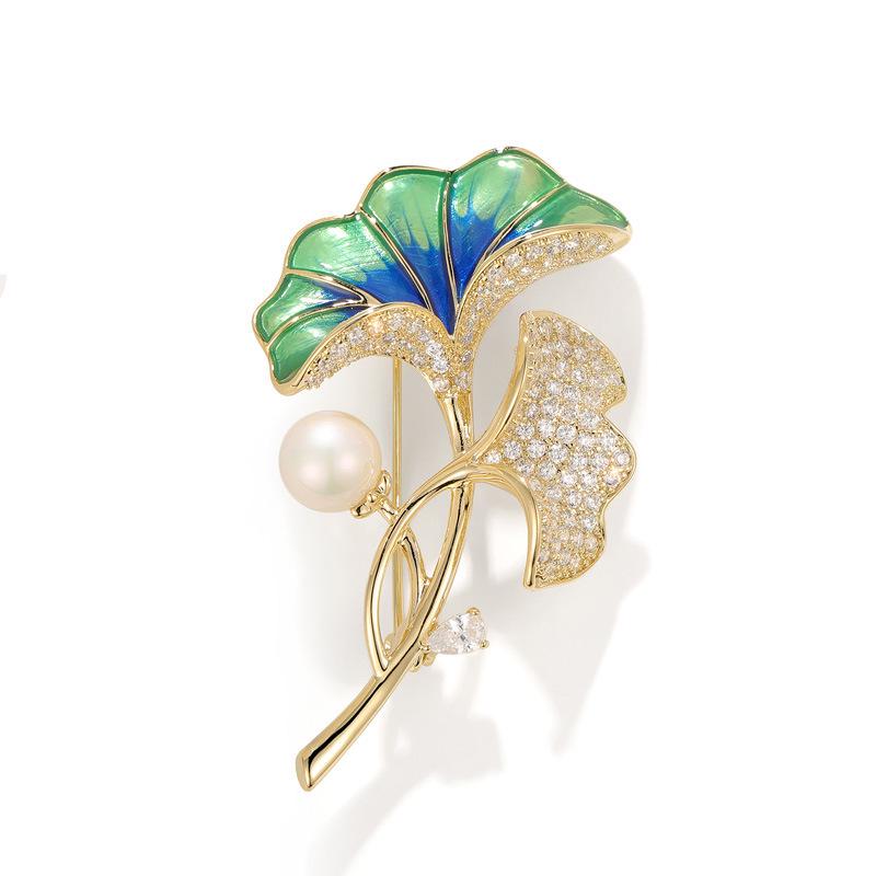 Bo Xin Yun High-End Ginkgo Leaf Enamel Brooch with Zirconia and Pearl Accents