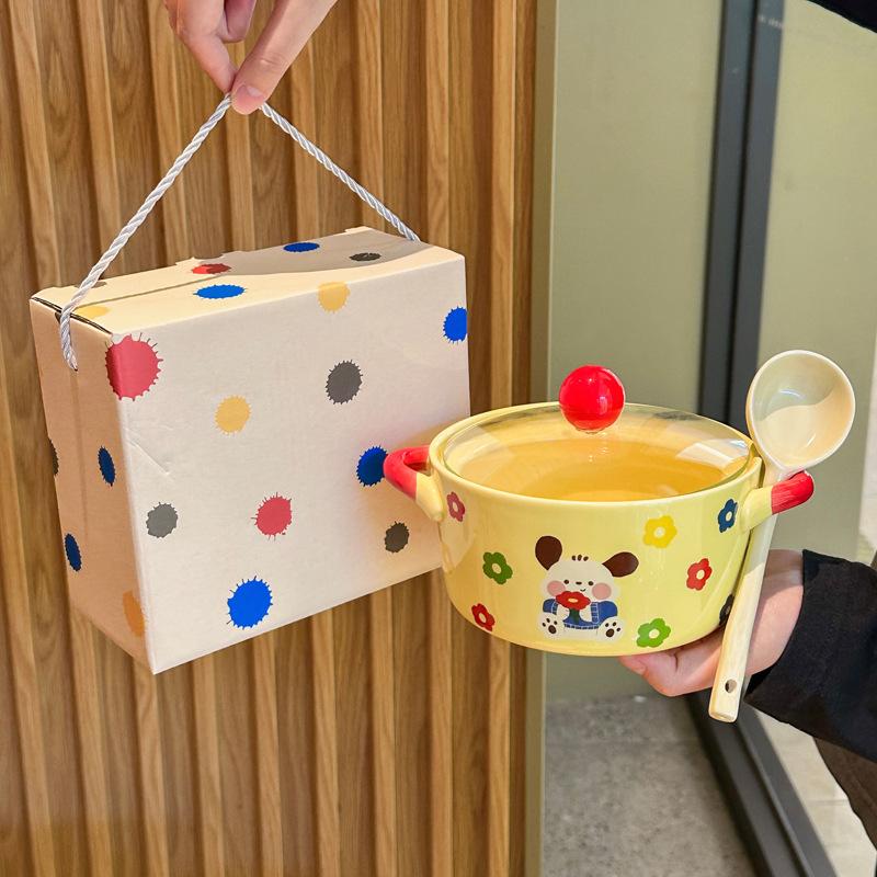 Cream Wind Tableware Cute Ceramic Instant Noodle Bowl with Lid Binaural Soup Bowl Instant Noodle Bowl for Student Dormitory