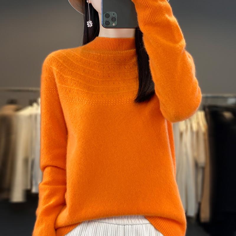 One-line Ready-to-wear Half-high Neck Hollow Cardigan for Women In Autumn and Winter New Loose and Versatile Warm Wool Knitted Base Shirt