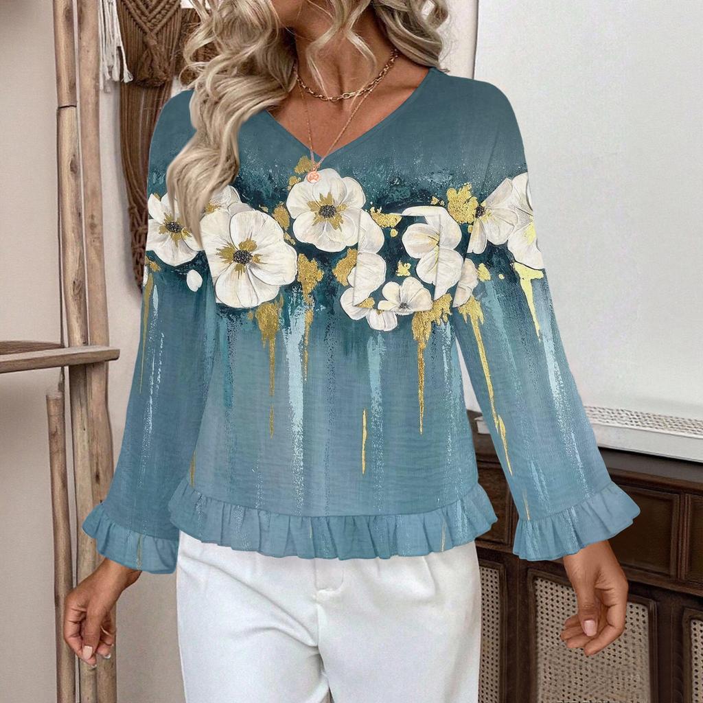 Dámský ležérní módní top s volánky, výstřihem do V, potiskem a dlouhým rukávem