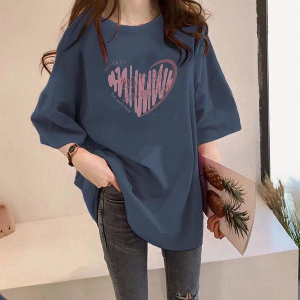 Women Plus Size Cotton T-Shirt Summer Short Sleeve Heart Print Mid-Long Loose Casual Pullover Top For 200lbs