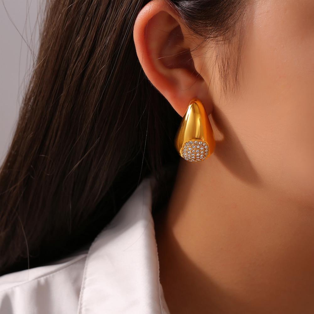 18k Gold Titanium Steel Teardrop Diamond Earrings - European & American Fashion Jewelry