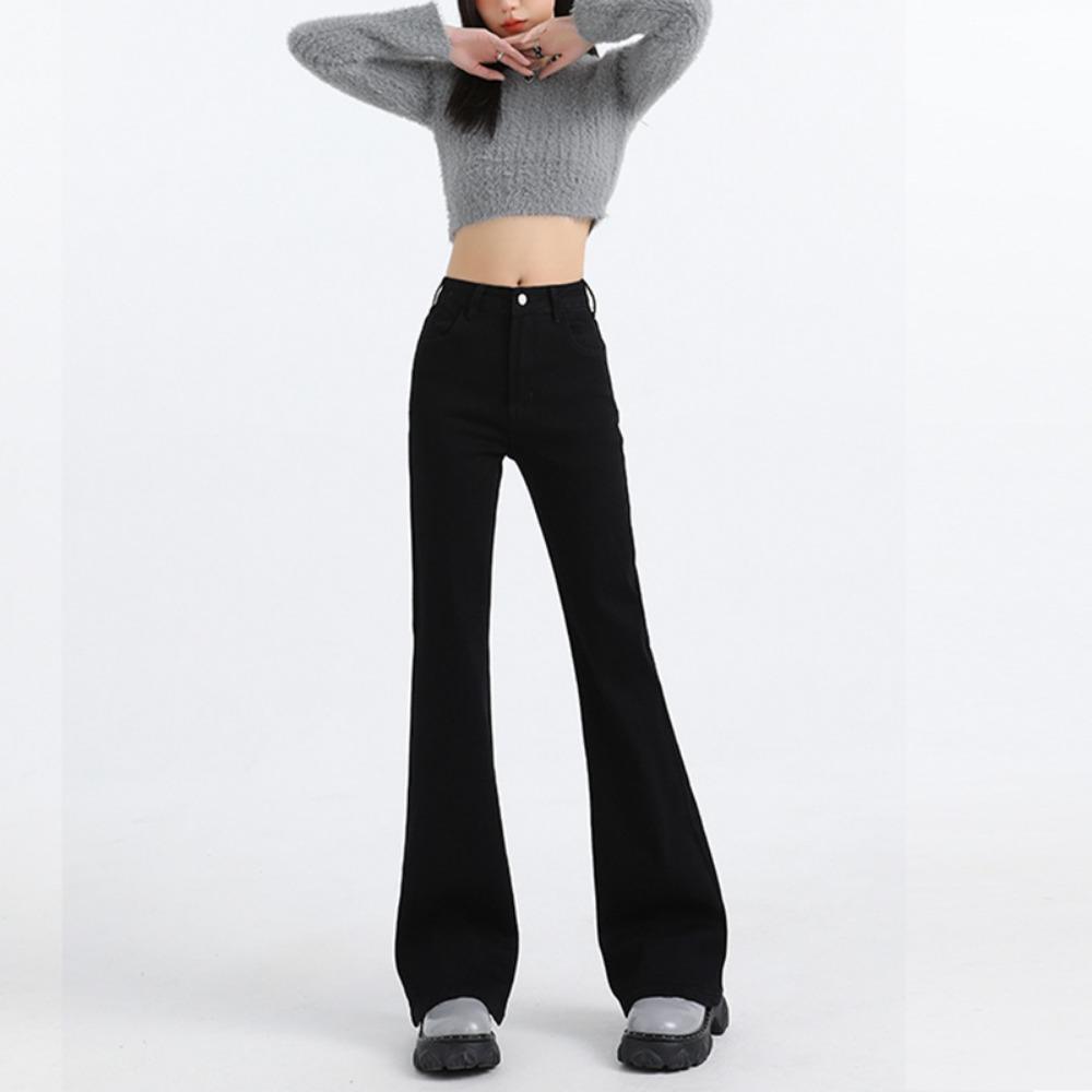 

Осенние женские джинсы-клеш с высокой посадкой, универсальные для работы, простые, облегающие, эластичные брюки-клеш 2XL чёрный