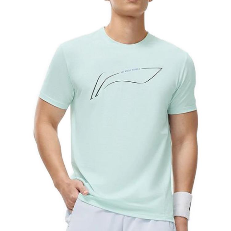 Li Ning Running Collection T Shirts Men's Light Blue Bowl Crew Neck Moderate Straight Fit ATST073-6