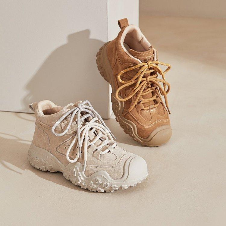 Leather platform sneakers women's 2025 new autumn brown short boots retro outdoor hiking desert boots