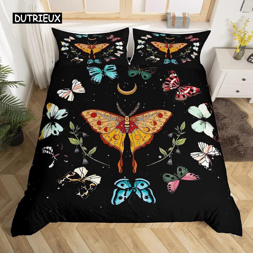 Butterfly And Death Moth Duvet Cover Queen Gothic Skull Flower Star Sky Moon Bedding Set Polyester Boho Exotic Black Quilt Cover