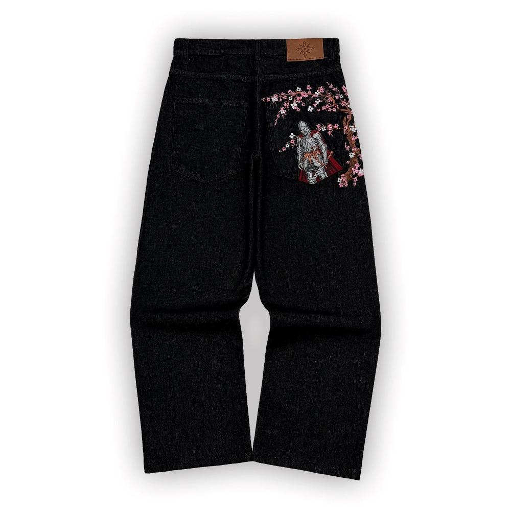 Damen Jeans mit hohem Bund und weitem Bein Lockerer Schnitt Sakura Knight Stickerei Helles Denim Hosen Amerikanischer Vintage Streetwear Lässige Lange Hosen